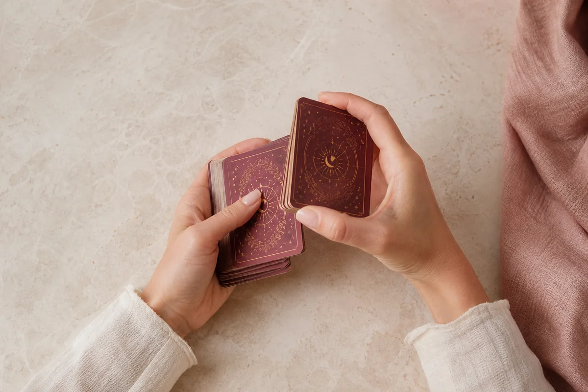 Hands gently performing an overhand shuffle with a burgundy Tarot deck.