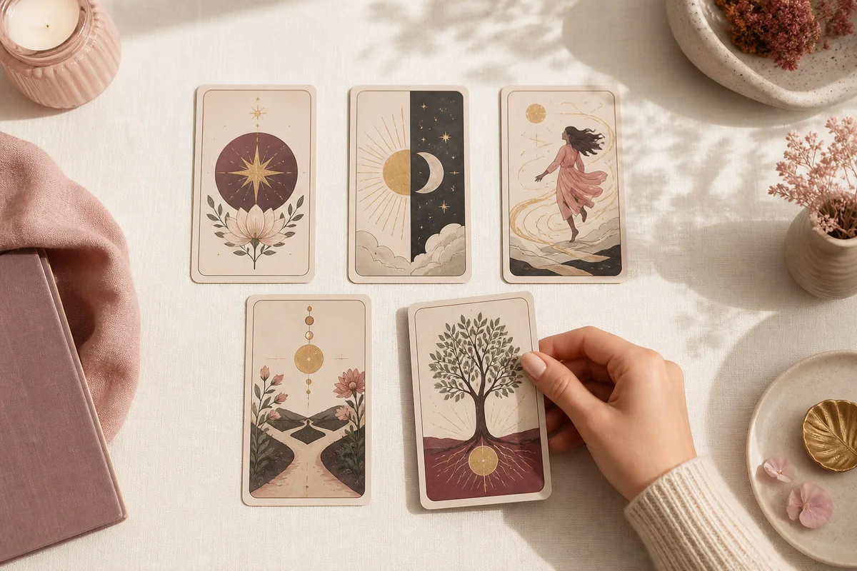 A hand placing the fifth illustrated Tarot card into a simple spread on a warm ivory table.