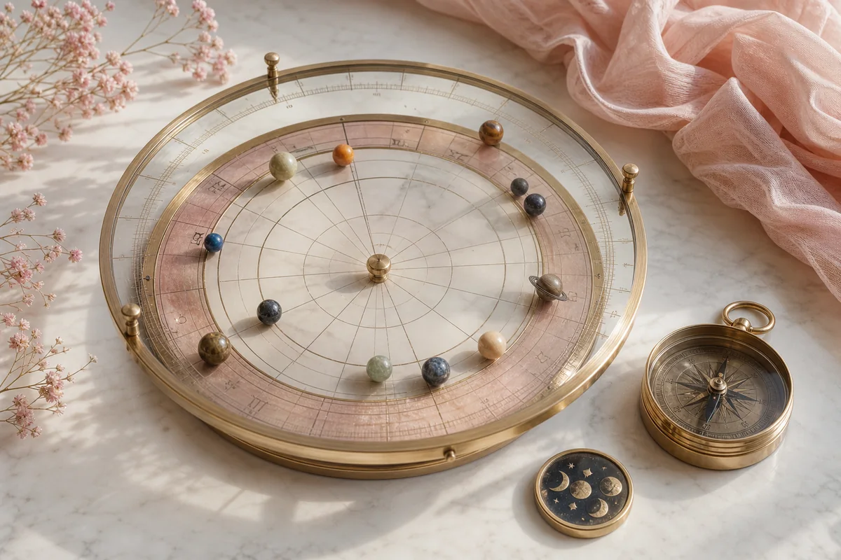 Layered celestial chart wheel with planet markers and brass compass