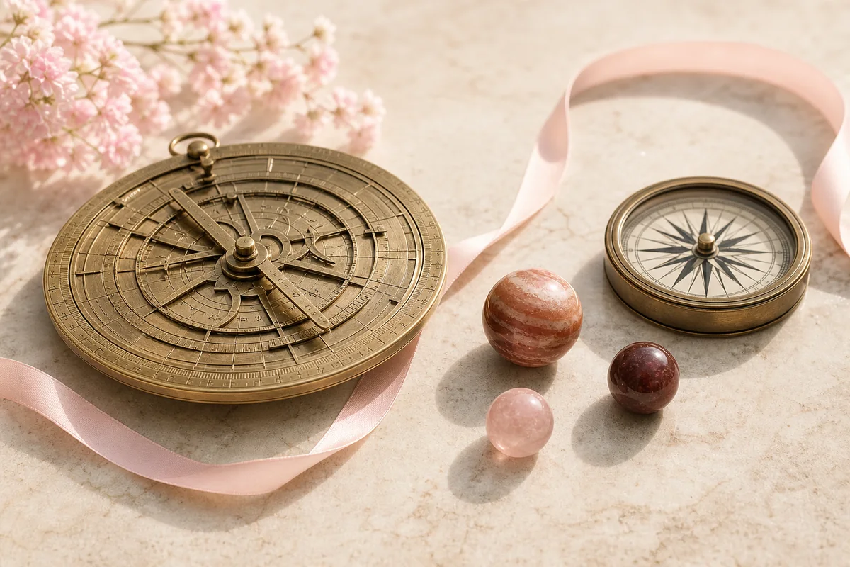 Brass astrolabe, compass, and planet spheres on a warm ivory surface
