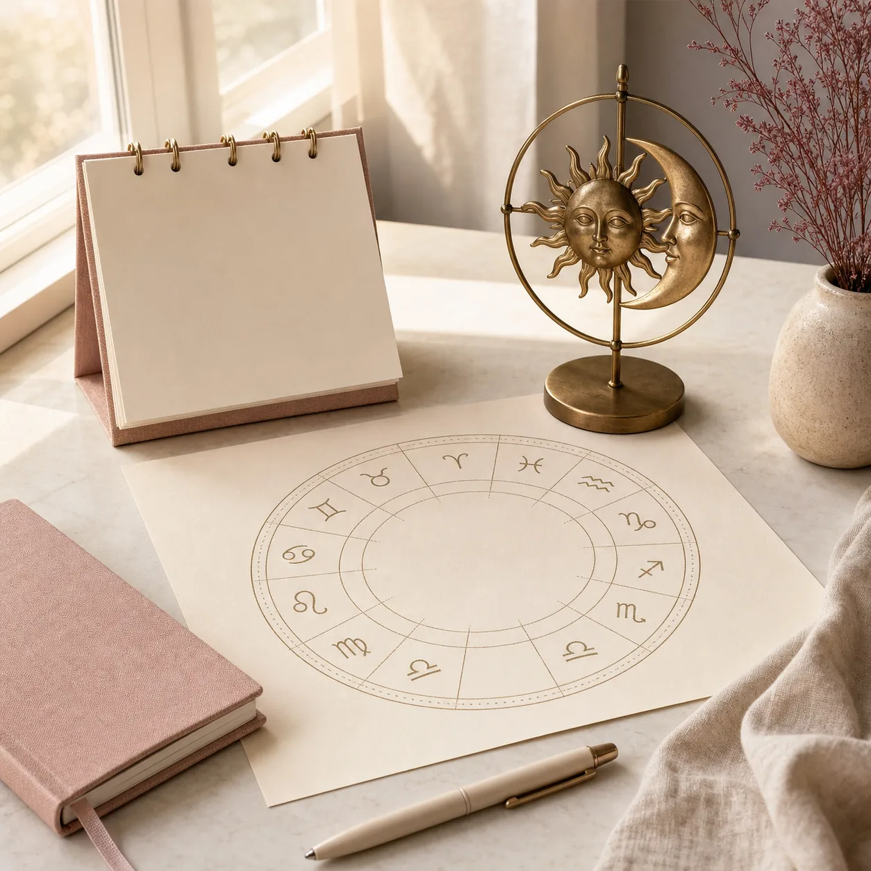 Blank standing calendar, printed zodiac wheel, sun-and-moon ornament, notebook, and pen on a cream tabletop