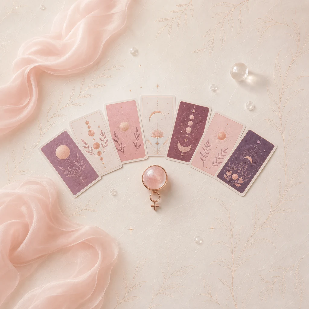 Seven original Tarot cards arranged with equal visual weight around a rose-quartz Venus lens