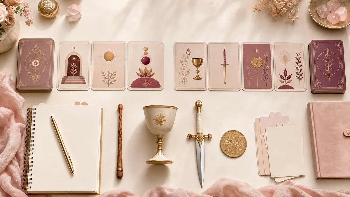 Grouped cards beside a wand, cup, sword, coin, and blank study notes.