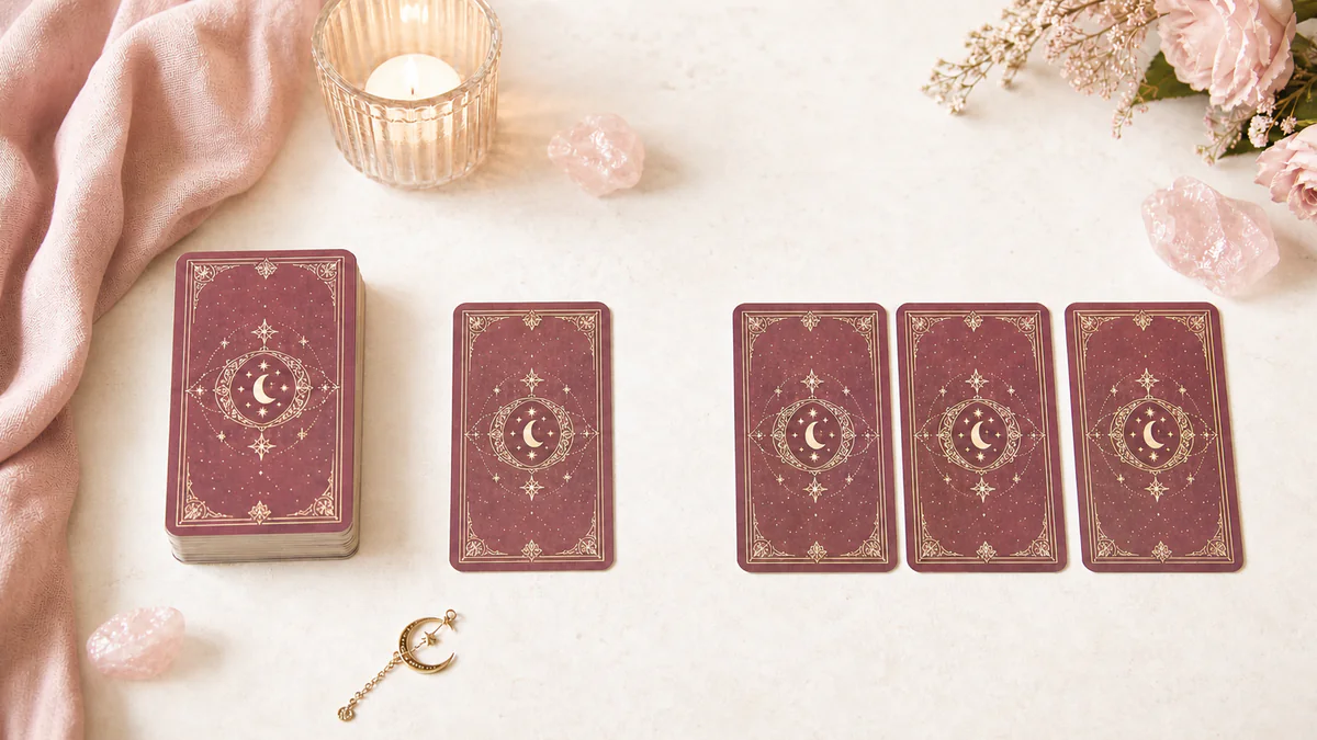A burgundy Tarot deck beside one-card and three-card layouts, rose quartz, candlelight, and a crescent charm.