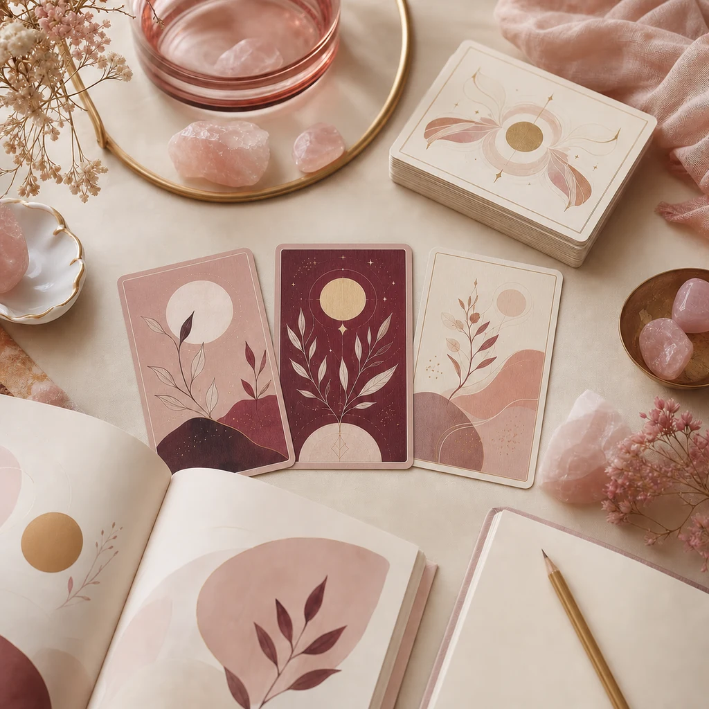 A card deck, a three-card layout, an open guidebook, and a notebook arranged on a table.