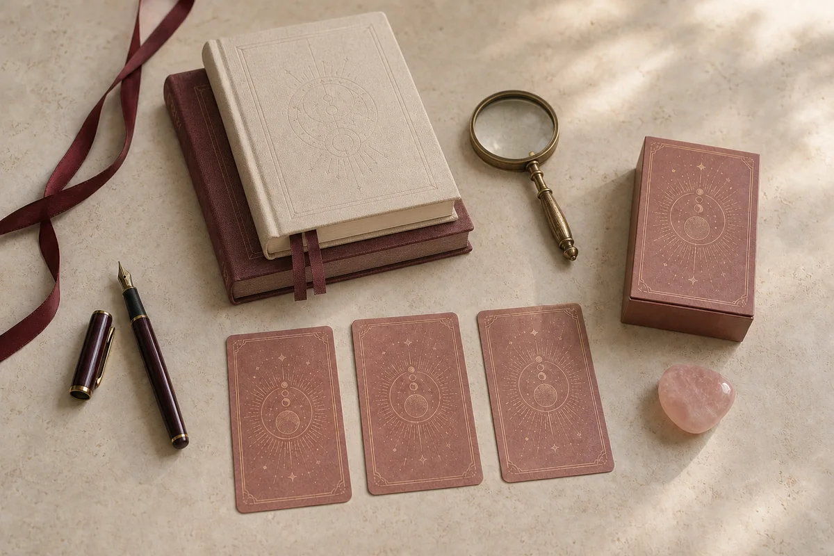 Three face-down Tarot cards beside two clothbound books, a brass magnifier, a fountain pen, and rose quartz.